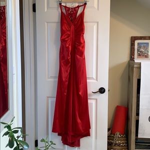 Red satin party dress, unhemmed